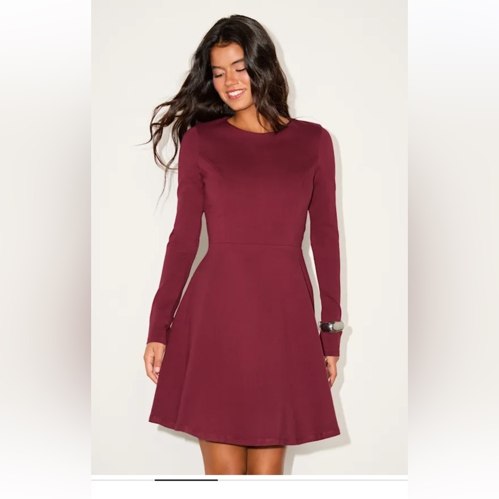 NWOT Lulus Forever Chic Burgundy Long Sleeve Fit-and-Flare Dress - Picture 3 of 11